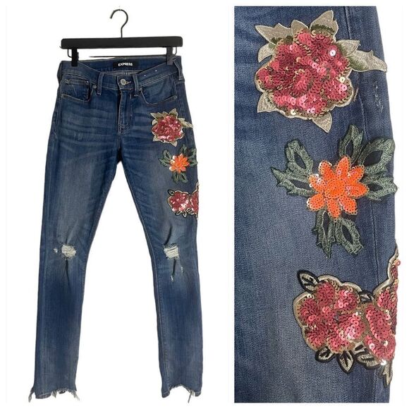 Embellished Express Mid Rise Embellished Jeans - Picture 1 of 15